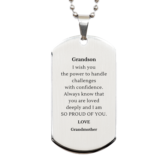 Grandson Silver Dog Tag Engraved with Love and Confidence for Graduation and Birthday Gift from Grandmother