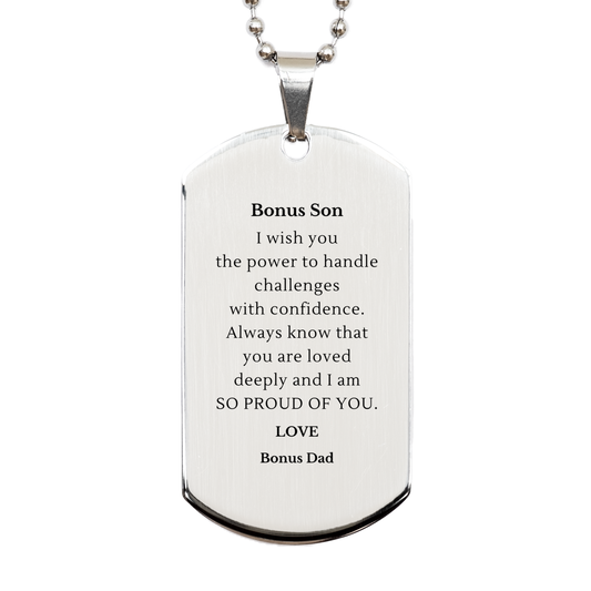 Bonus Son Dog Tag Necklace Engraved Message from Bonus Dad for Birthday and Christmas gifts, Inspirational Confidence Jewelry