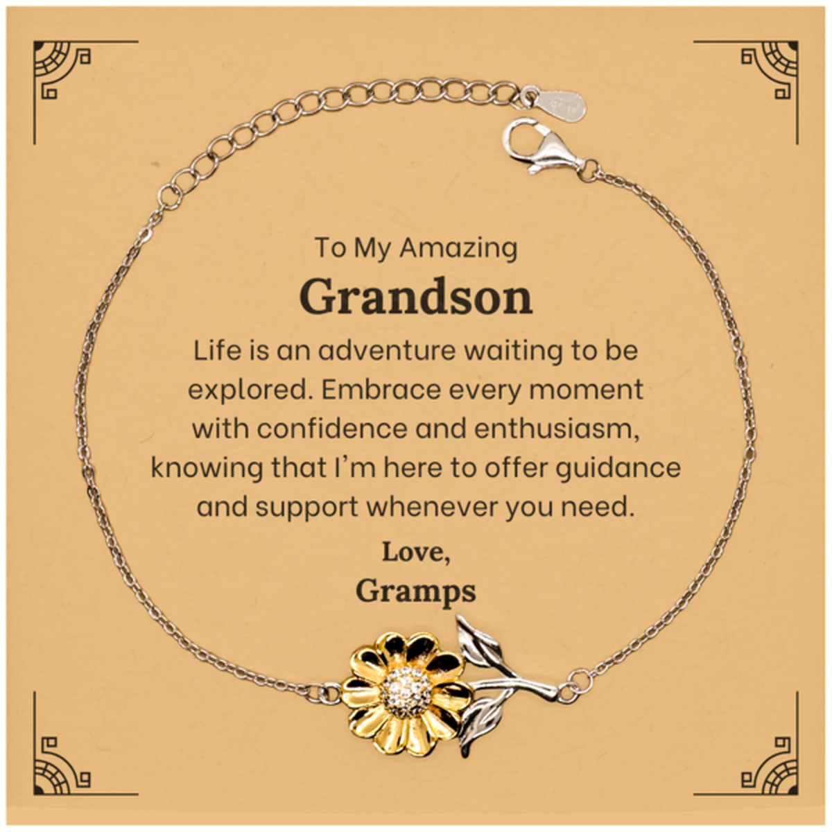 To My Amazing Grandson Supporting Sunflower Bracelet, Life is an adventure waiting to be explored, Birthday Unique Gifts for Grandson from Gramps.