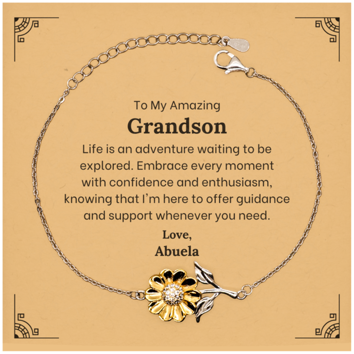 To My Amazing Grandson Supporting Sunflower Bracelet, Life is an adventure waiting to be explored, Birthday Unique Gifts for Grandson from Abuela.