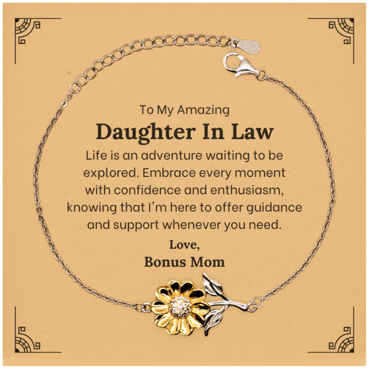 To My Amazing Daughter In Law Supporting Sunflower Bracelet, Life is an adventure waiting to be explored, Birthday Unique Gifts for Daughter In Law from Bonus Mom.