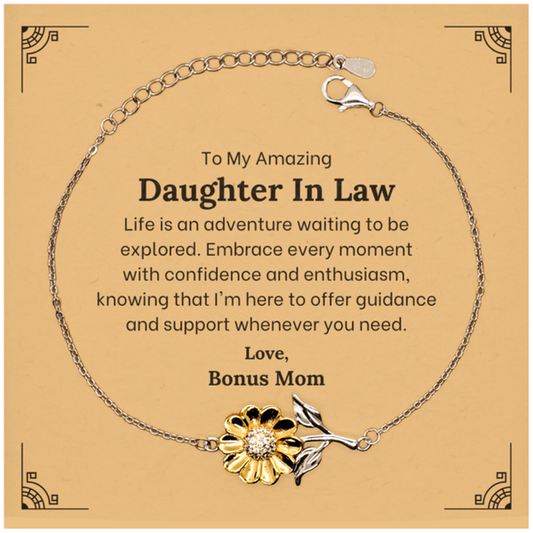 To My Amazing Daughter In Law Supporting Sunflower Bracelet, Life is an adventure waiting to be explored, Birthday Unique Gifts for Daughter In Law from Bonus Mom.