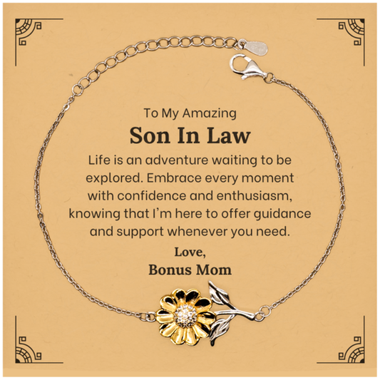 To My Amazing Son In Law Supporting Sunflower Bracelet, Life is an adventure waiting to be explored, Birthday Unique Gifts for Son In Law from Bonus Mom