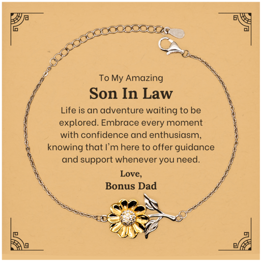 To My Amazing Son In Law Supporting Sunflower Bracelet, Life is an adventure waiting to be explored, Birthday Unique Gifts for Son In Law from Bonus Dad.