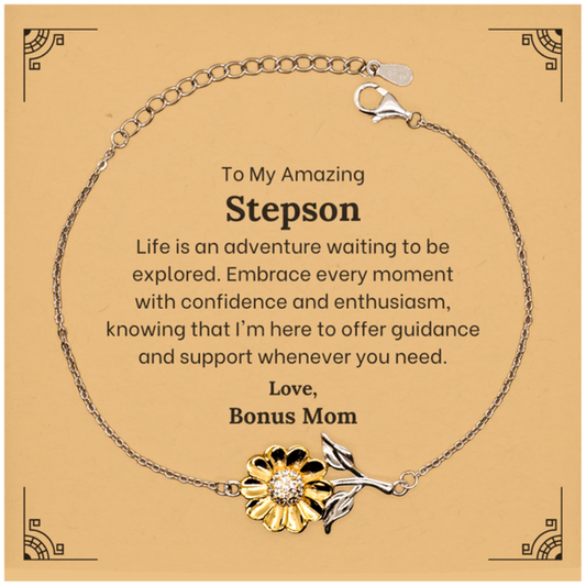 To My Amazing Stepson Supporting Sunflower Bracelet, Life is an adventure waiting to be explored, Birthday Unique Gifts for Stepson from Bonus Mom