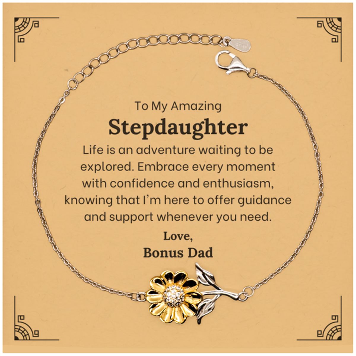 To My Amazing Stepdaughter Supporting Sunflower Bracelet, Life is an adventure waiting to be explored, Birthday Unique Gifts for Stepdaughter from Bonus Dad.