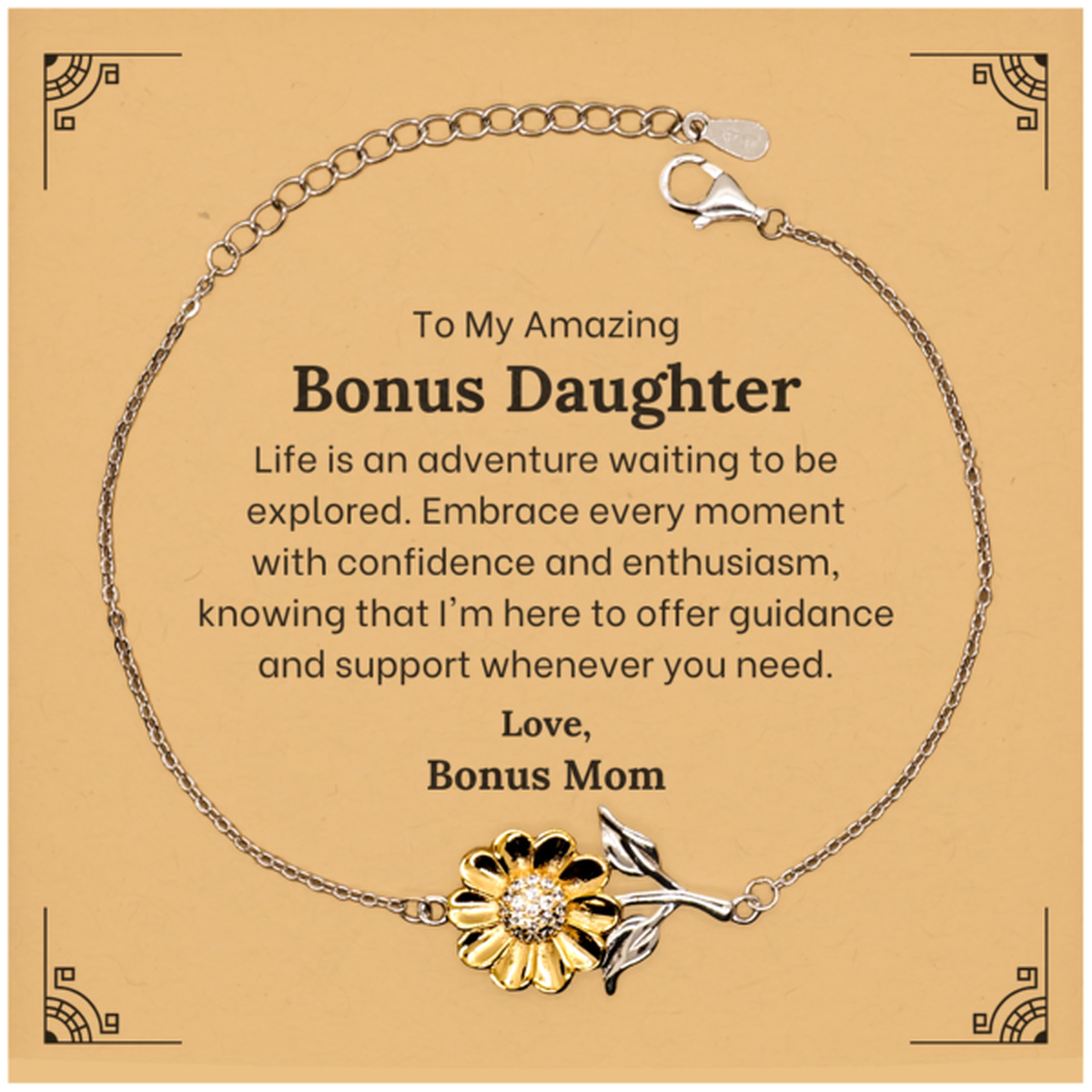 To My Amazing Bonus Daughter Supporting Sunflower Bracelet, Life is an adventure waiting to be explored, Birthday Unique Gifts for Bonus Daughter from Bonus Mom