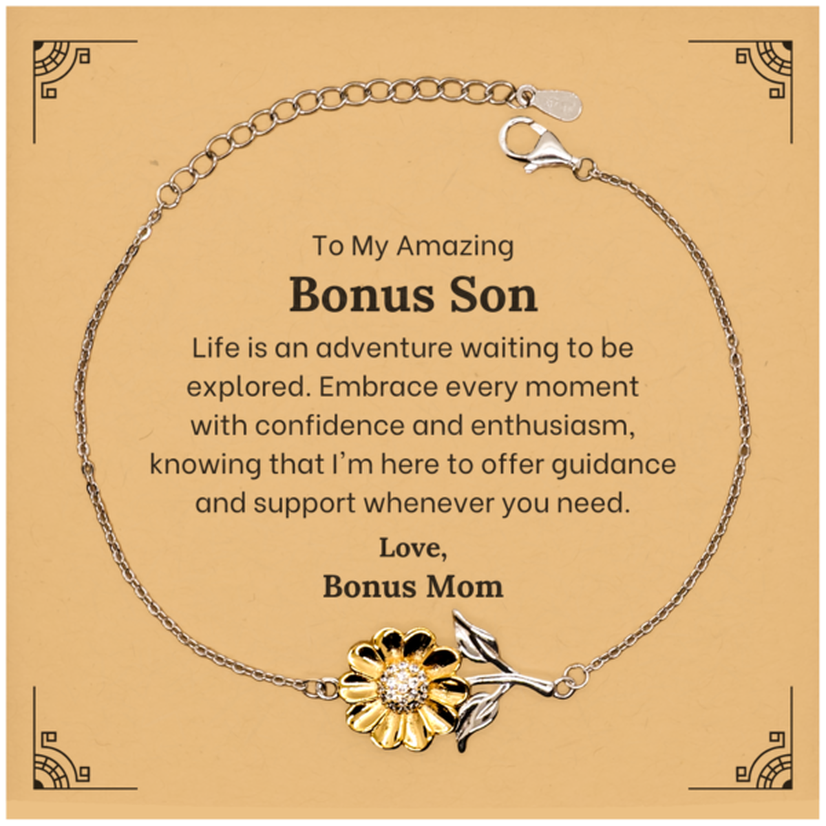 To My Amazing Bonus Son Supporting Sunflower Bracelet, Life is an adventure waiting to be explored, Birthday Unique Gifts for Bonus Son from Bonus Mom.