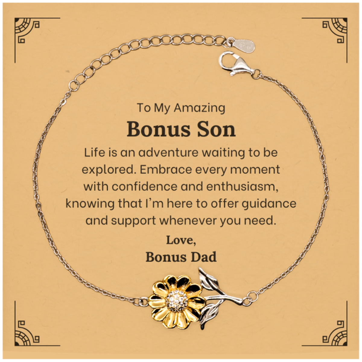 To My Amazing Bonus Son Supporting Sunflower Bracelet, Life is an adventure waiting to be explored, Birthday Unique Gifts for Bonus Son from Bonus Dad.