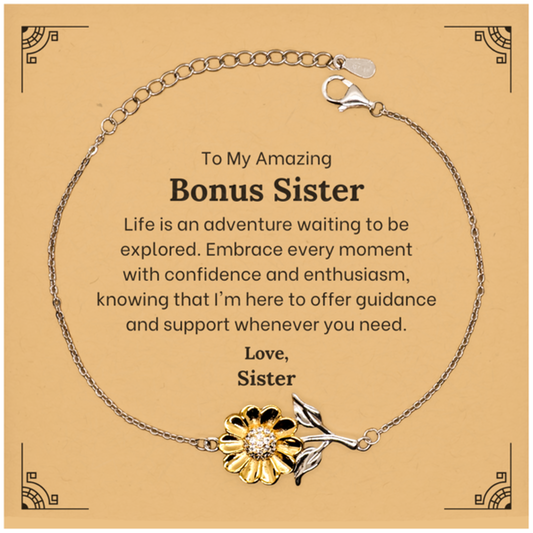 To My Amazing Bonus Sister Supporting Sunflower Bracelet, Life is an adventure waiting to be explored, Birthday Unique Gifts for Bonus Sister from Sister