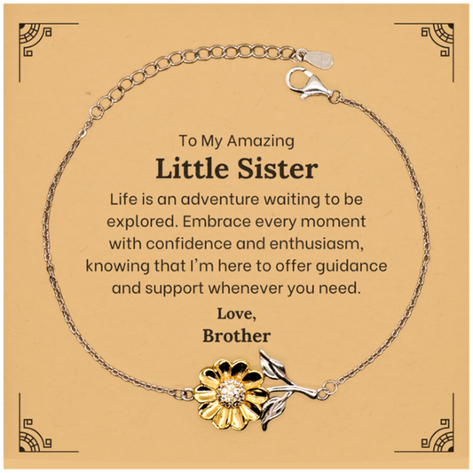 To My Amazing Little Sister Supporting Sunflower Bracelet, Life is an adventure waiting to be explored, Birthday Unique Gifts for Little Sister from Brother