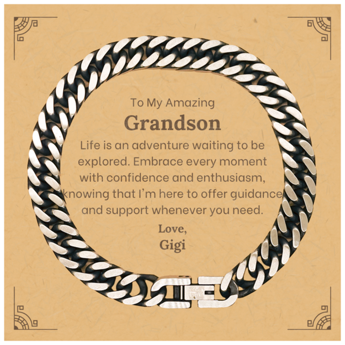 To My Amazing Grandson Supporting Cuban Link Chain Bracelet, Life is an adventure waiting to be explored, Birthday Unique Gifts for Grandson from Gigi.