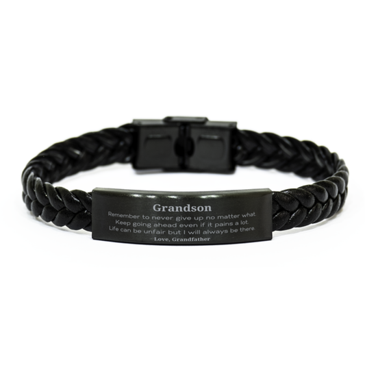 Grandson Motivational Gifts from Grandfather, Remember to never give up no matter what, Inspirational Birthday Braided Leather Bracelet for Grandson