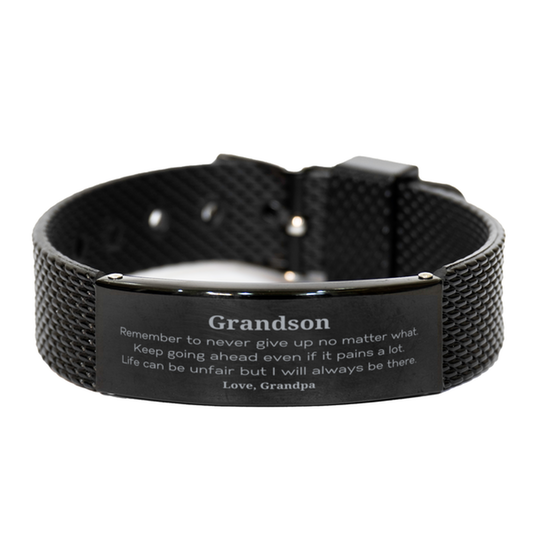 Grandson Motivational Gifts from Grandpa, Remember to never give up no matter what, Inspirational Birthday Black Shark Mesh Bracelet for Grandson