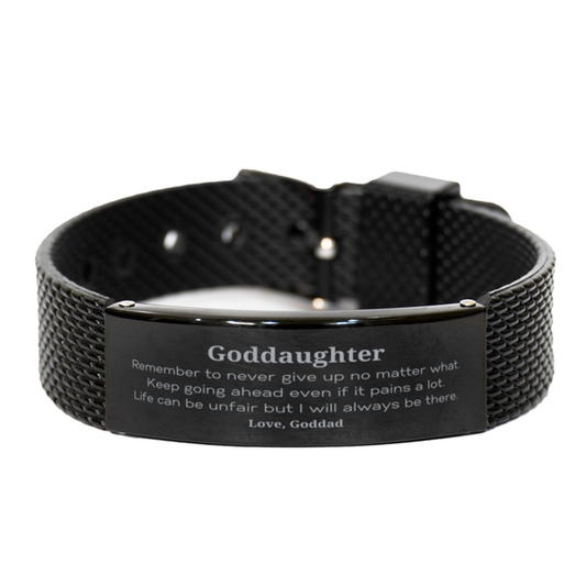 Goddaughter Motivational Gifts from Goddad, Remember to never give up no matter what, Inspirational Birthday Black Shark Mesh Bracelet for Goddaughter