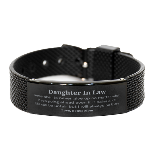 Regalos motivacionales para nueras de Bonus Mom. Recuerda nunca rendirte, pase lo que pase. Pulsera de malla de tiburón negro inspiradora para cumpleaños de nuera.