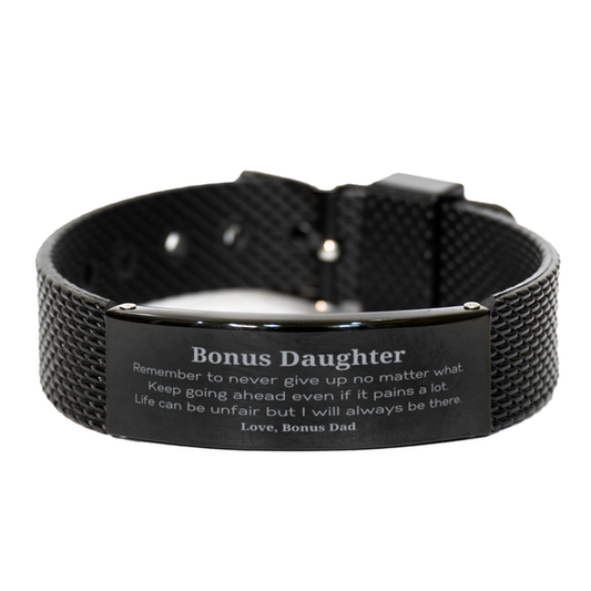 Bonus Daughter Motivational Gifts from Bonus Dad, Remember to never give up no matter what, Inspirational Birthday Black Shark Mesh Bracelet for Bonus Daughter
