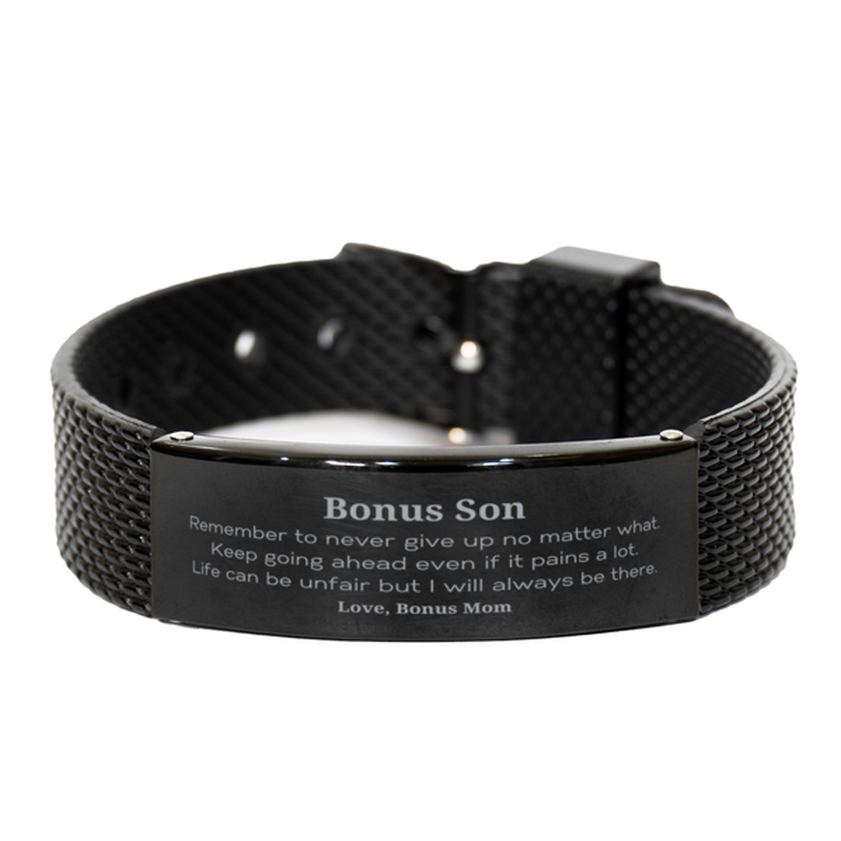 Bonus Son Motivational Gifts from Bonus Mom, Remember to never give up no matter what, Inspirational Birthday Black Shark Mesh Bracelet for Bonus Son