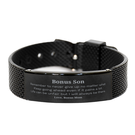 Regalos motivacionales para Bonus Son de Bonus Mom. Recuerda nunca rendirte, pase lo que pase. Pulsera de malla de tiburón negro inspiradora de cumpleaños para Bonus Son