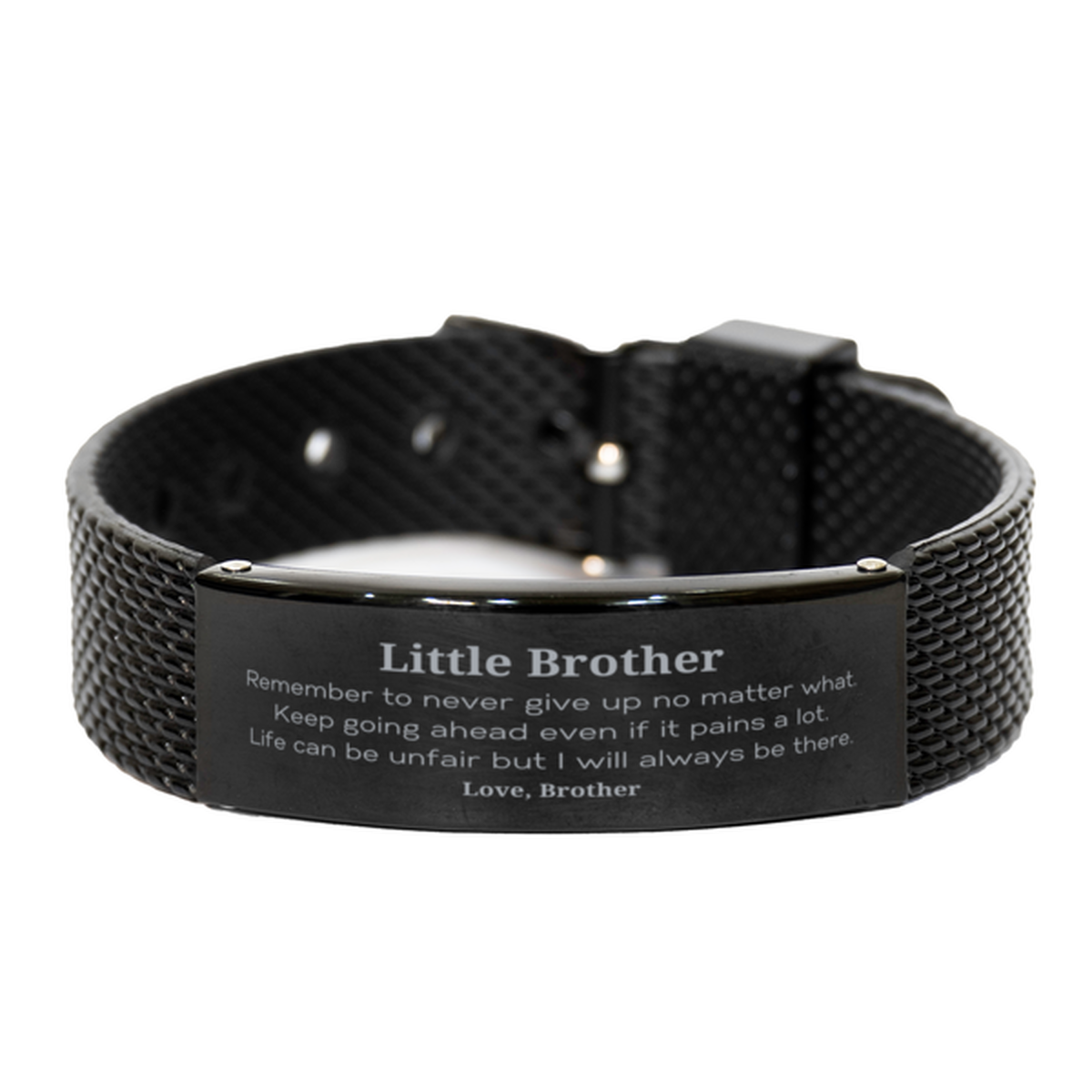 Little Brother Motivational Gifts from Brother, Remember to never give up no matter what, Inspirational Birthday Black Shark Mesh Bracelet for Little Brother