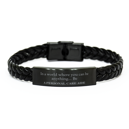 Gifts for Personal Care Aide, In a world where you can be anything, Appreciation Birthday Braided Leather Bracelet for Men, Women, Friends, Coworkers