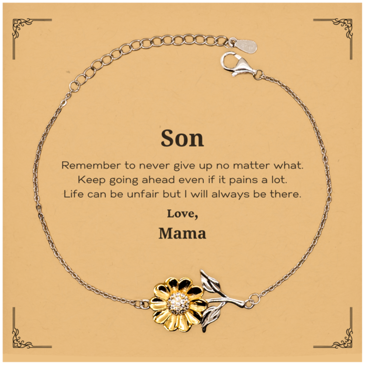 Regalos motivacionales de mamá para hijo. Recuerda nunca rendirte, pase lo que pase. Pulsera de girasol inspiradora de cumpleaños para hijo.