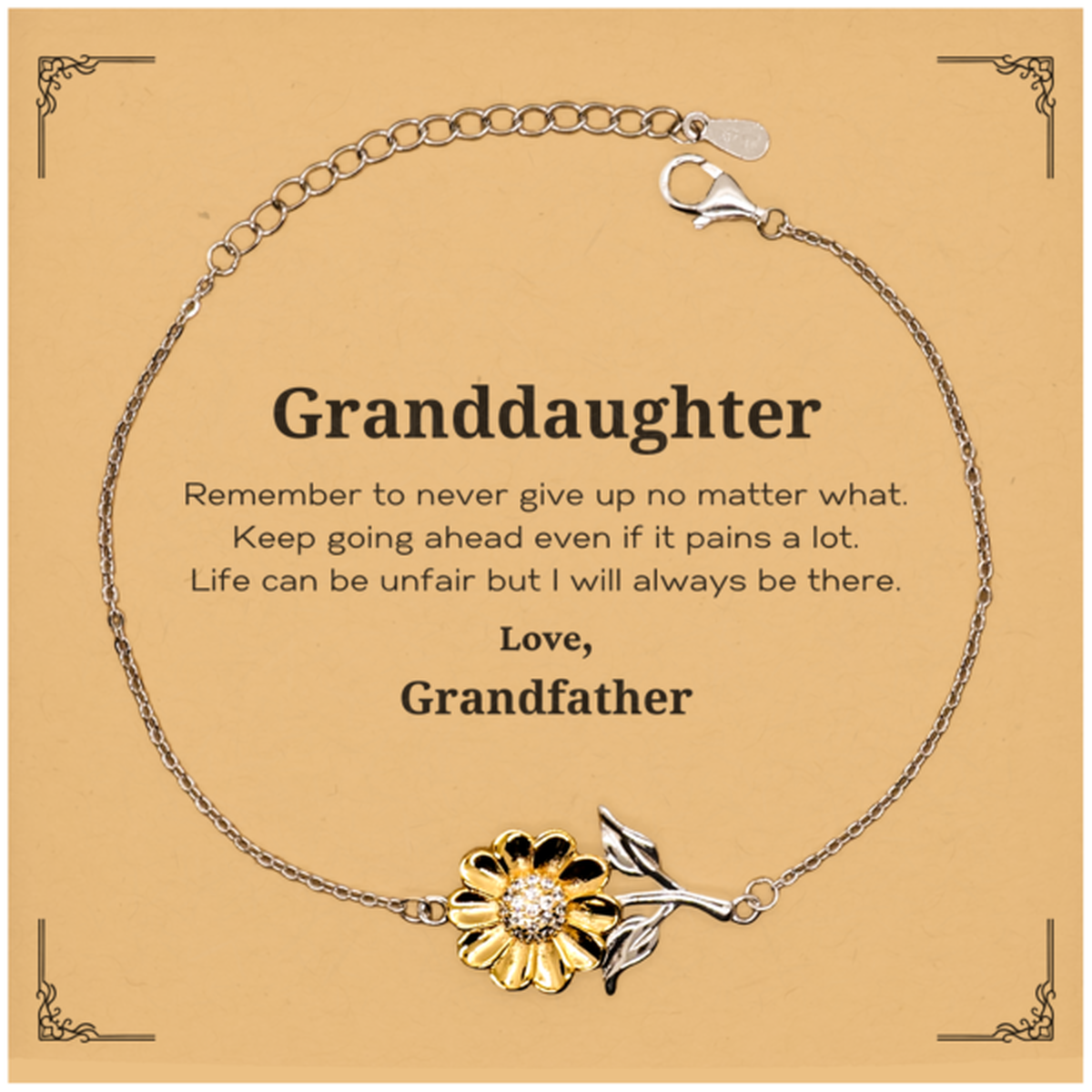 Granddaughter Motivational Gifts from Grandfather, Remember to never give up no matter what, Inspirational Birthday Sunflower Bracelet for Granddaughter