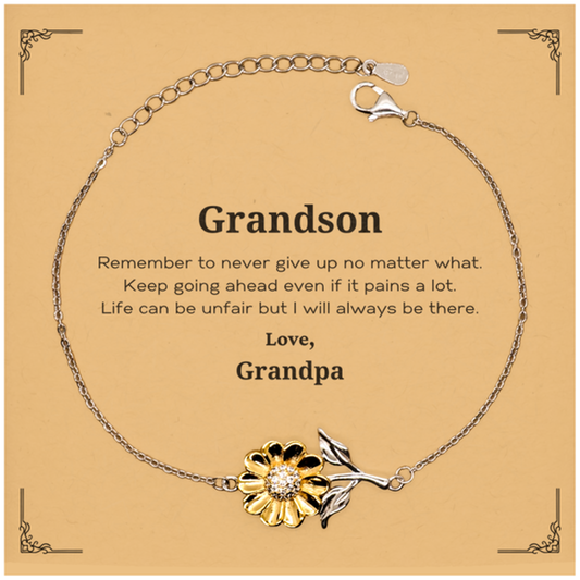 Grandson Motivational Gifts from Grandpa, Remember to never give up no matter what, Inspirational Birthday Sunflower Bracelet for Grandson