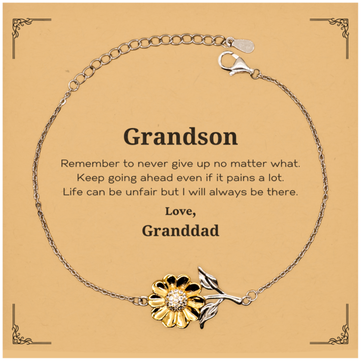 Regalos motivacionales para nietos de parte de abuelos. Recuerda nunca rendirte, pase lo que pase. Pulsera inspiradora de girasoles para cumpleaños de nietos.