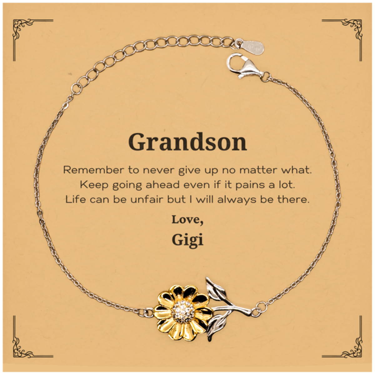 Grandson Motivational Gifts from Gigi, Remember to never give up no matter what, Inspirational Birthday Sunflower Bracelet for Grandson