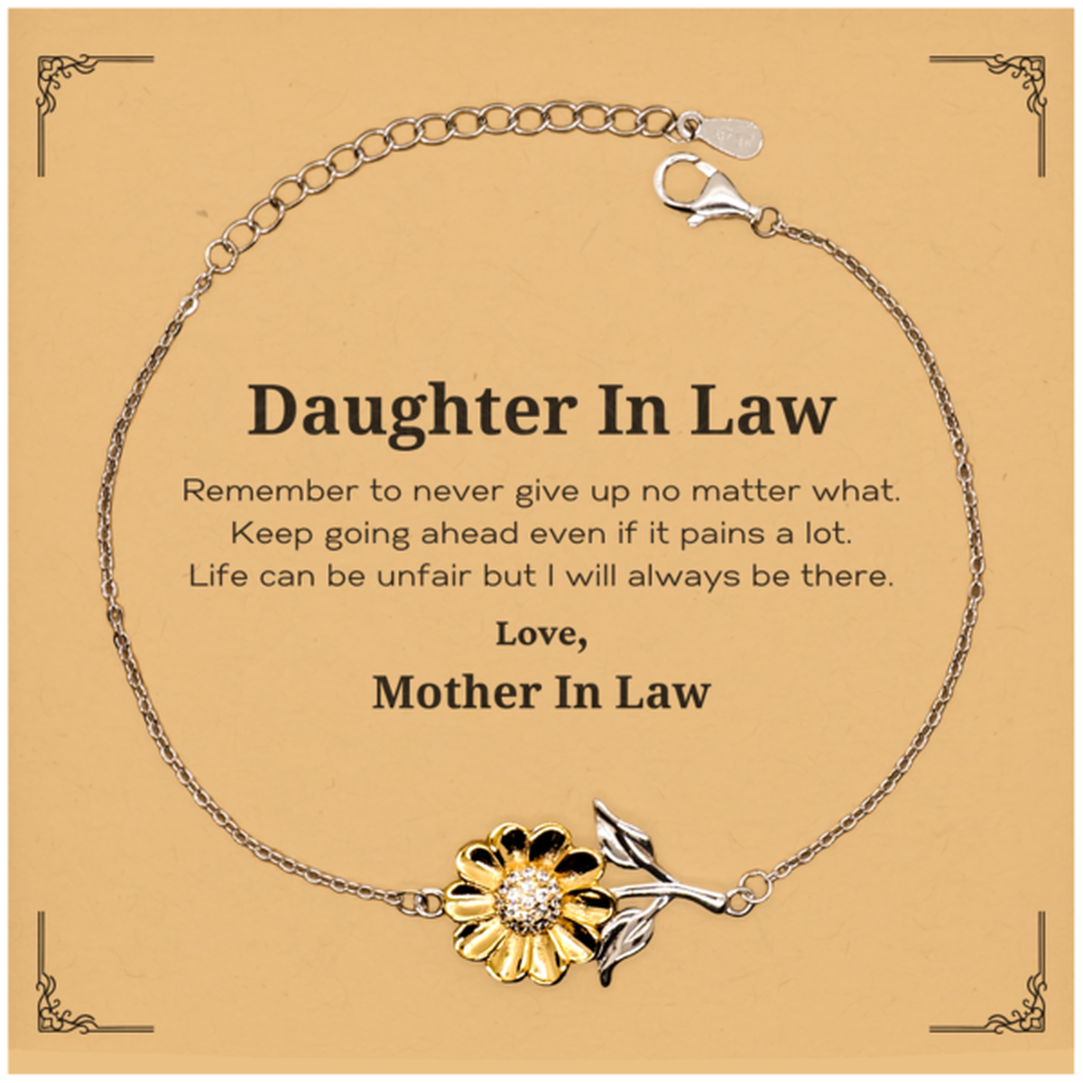 Daughter In Law Motivational Gifts from Mother In Law, Remember to never give up no matter what, Inspirational Birthday Sunflower Bracelet for Daughter In Law