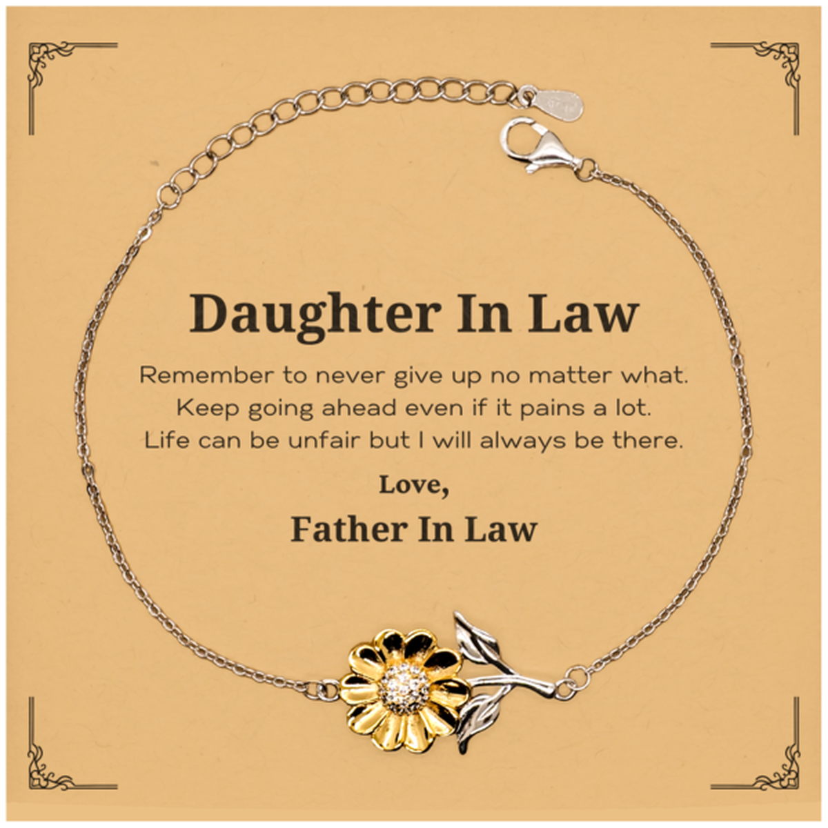 Daughter In Law Motivational Gifts from Father In Law, Remember to never give up no matter what, Inspirational Birthday Sunflower Bracelet for Daughter In Law