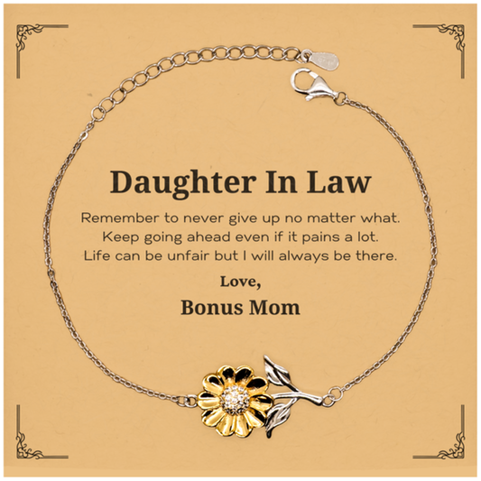 Daughter In Law Motivational Gifts from Bonus Mom, Remember to never give up no matter what, Inspirational Birthday Sunflower Bracelet for Daughter In Law