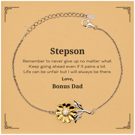 Stepson Motivational Gifts from Bonus Dad, Remember to never give up no matter what, Inspirational Birthday Sunflower Bracelet for Stepson
