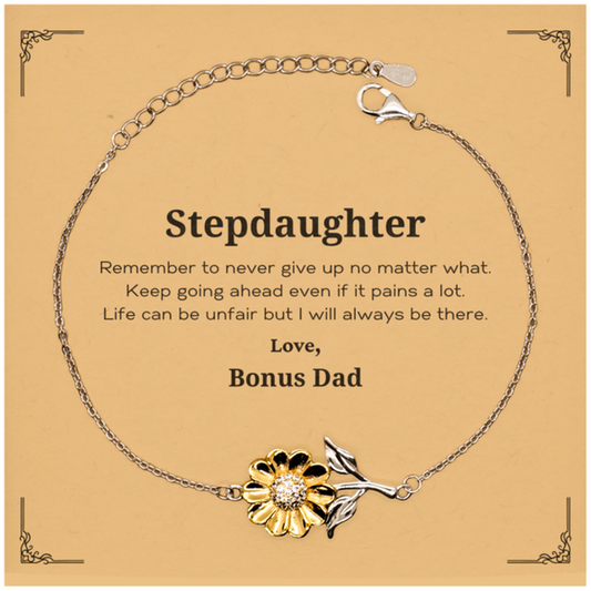 Stepdaughter Motivational Gifts from Bonus Dad, Remember to never give up no matter what, Inspirational Birthday Sunflower Bracelet for Stepdaughter