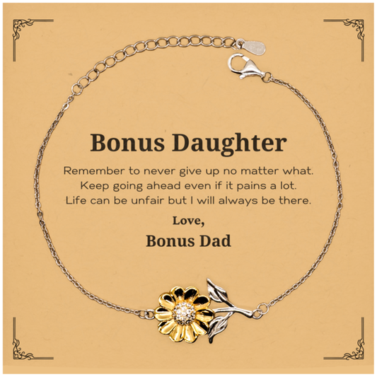 Bonus Daughter Motivational Gifts from Bonus Dad, Remember to never give up no matter what, Inspirational Birthday Sunflower Bracelet for Bonus Daughter