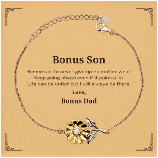 Bonus Son Motivational Gifts from Bonus Dad, Remember to never give up no matter what, Inspirational Birthday Sunflower Bracelet for Bonus Son