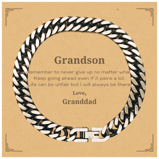 Grandson Motivational Gifts from Granddad, Remember to never give up no matter what, Inspirational Birthday Cuban Link Chain Bracelet for Grandson