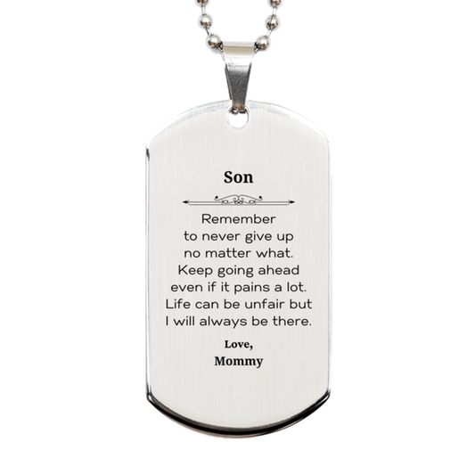 Regalos motivacionales de mamá para hijos. Recuerda nunca rendirte, pase lo que pase. Placa de identificación plateada inspiradora de cumpleaños para hijo.