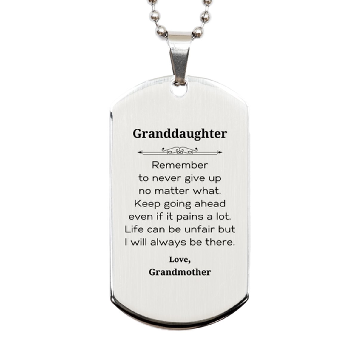 Granddaughter Motivational Gifts from Grandmother, Remember to never give up no matter what, Inspirational Birthday Silver Dog Tag for Granddaughter