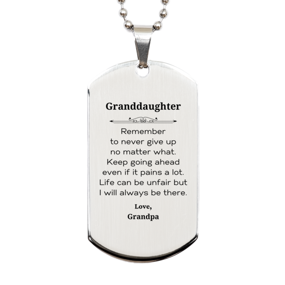 Granddaughter Motivational Gifts from Grandpa, Remember to never give up no matter what, Inspirational Birthday Silver Dog Tag for Granddaughter