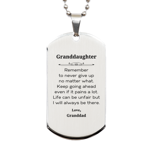 Granddaughter Motivational Gifts from Granddad, Remember to never give up no matter what, Inspirational Birthday Silver Dog Tag for Granddaughter