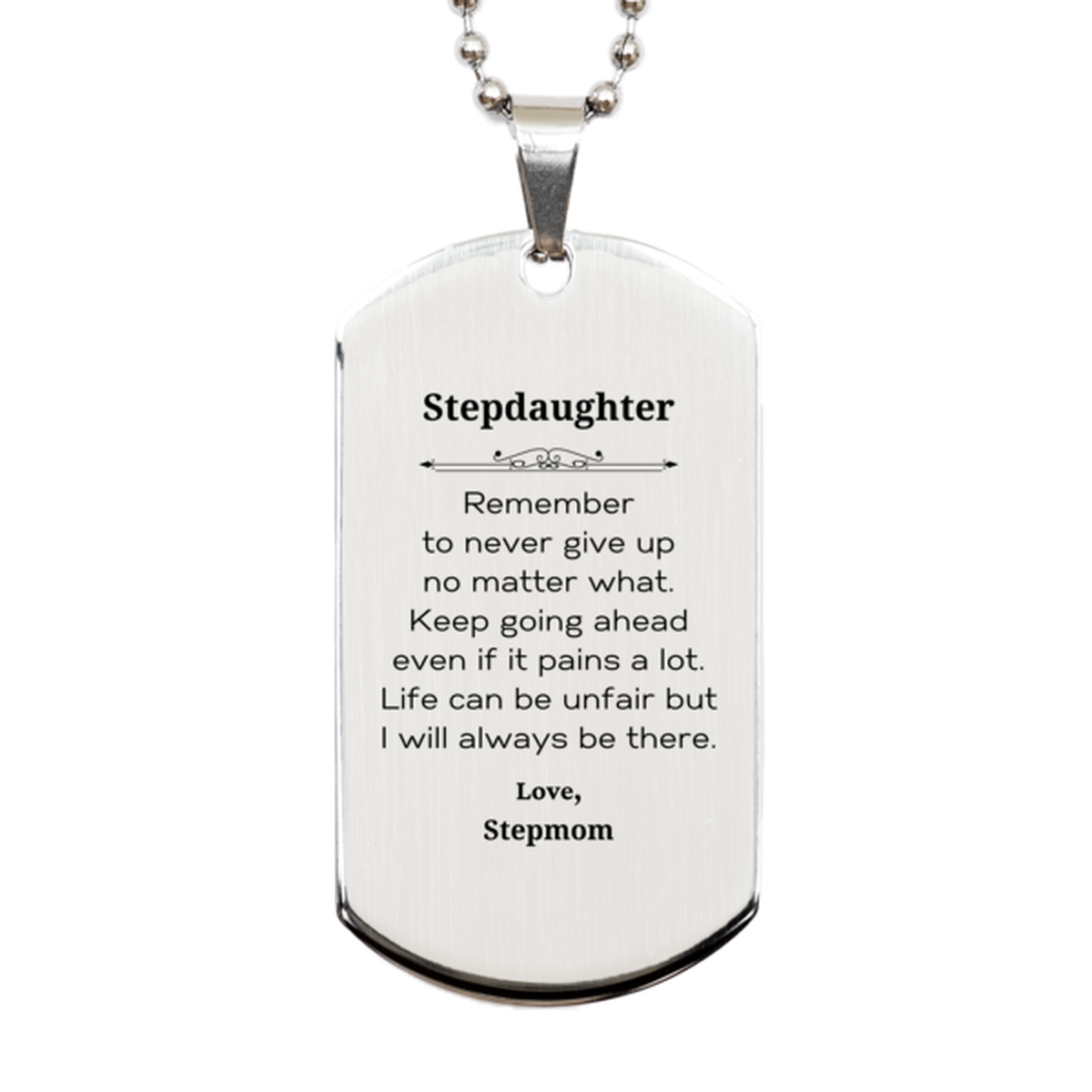 Stepdaughter Motivational Gifts from Stepmom, Remember to never give up no matter what, Inspirational Birthday Silver Dog Tag for Stepdaughter