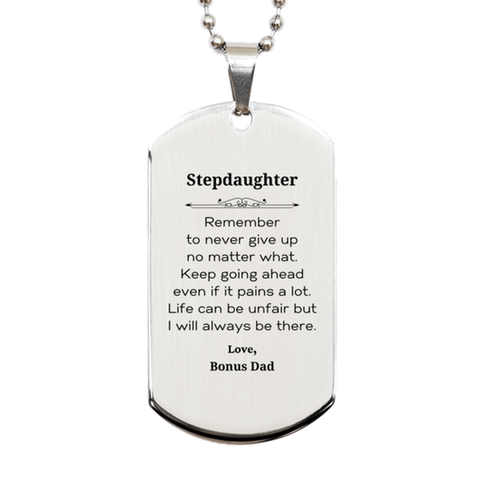 Stepdaughter Motivational Gifts from Bonus Dad, Remember to never give up no matter what, Inspirational Birthday Silver Dog Tag for Stepdaughter