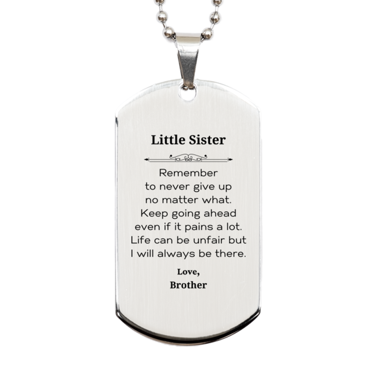 Little Sister Motivational Gifts from Brother, Remember to never give up no matter what, Inspirational Birthday Silver Dog Tag for Little Sister